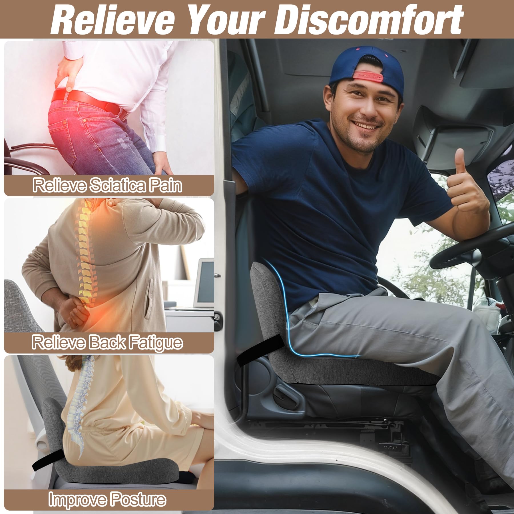 MYFAMIREA Truck Seat Cushion, Memory Foam Trucker Seat Cushion for Truck Driver Long Sitting with Adjustable Strap, Back Support and Pain Relief for Trucker Driving Car Office Chair and Pain Dormly