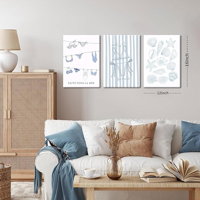 Trendy Coastal Canvas Wall Art Set of 3, Blue Bikini Granddaughter Room Wall Decor Paintings, Preppy Coastal Shell Girls Dorm Posters Prints Pictures for Living Room Bedroom 12x16 Inch Framed