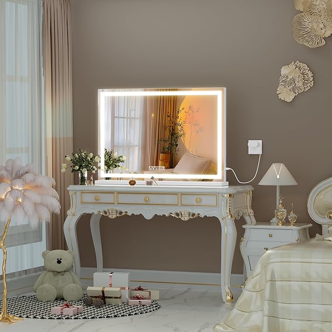 Hasipu Vanity Mirror with Lights and Bluetooth Speaker, 37" x 25.6" LED Makeup Mirror, Lighted Makeup Mirror with Dimmable 3 Modes, Touch Screen Control Vanity Mirror Square White