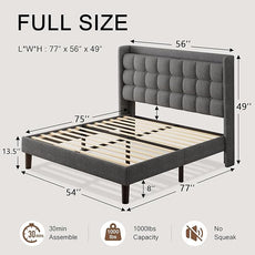 Full Size Bed Frame, Upholstered Platform Bed Frame with Charging Station, Modern Wingback Storage Headboard, Solid Wood Slats Support, No Box Spring Needed, Dark Grey