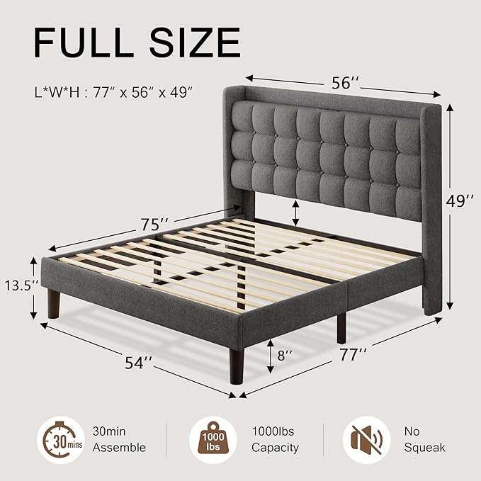 Full Size Bed Frame, Upholstered Platform Bed Frame with Charging Station, Modern Wingback Storage Headboard, Solid Wood Slats Support, No Box Spring Needed, Dark Grey