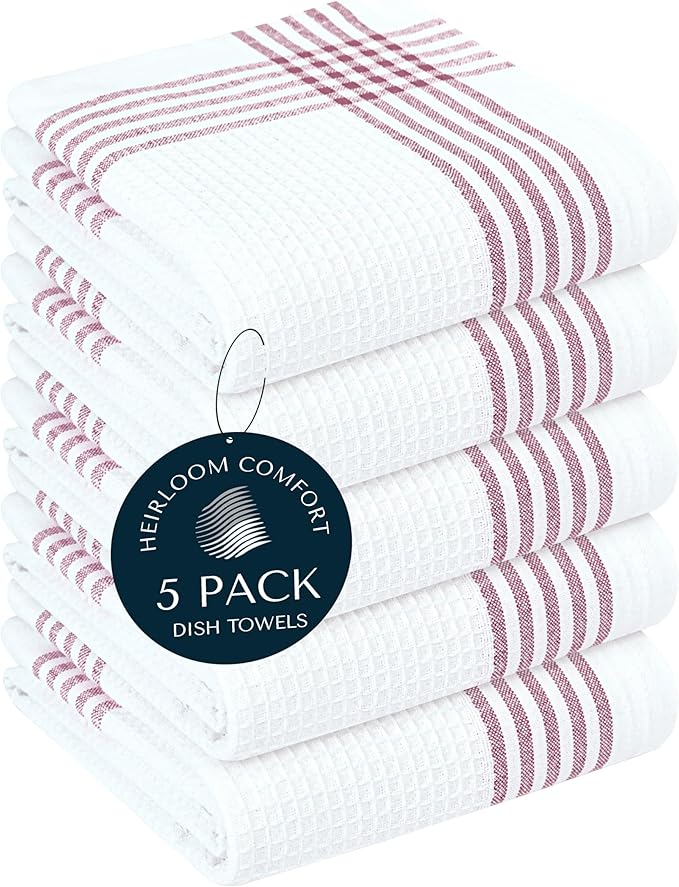 Burgundy and White Waffle Kitchen Towels 5 Pack, 100% Cotton, 16x26 Inch, Absorbent, Quick Dry, Durable Dishcloths for Wiping, Cleaning, Machine Washable, Kitchen, and Cooking Use