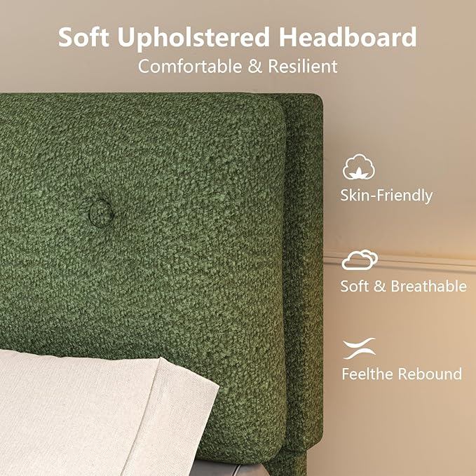 Twin Size Bed Frame, Cloud Boucle Upholstered Bed Frame with Headboard, Twin Bed Frames for Kids, Adjustable Headboard, No Box Spring Needed, Easy Assembly, Green