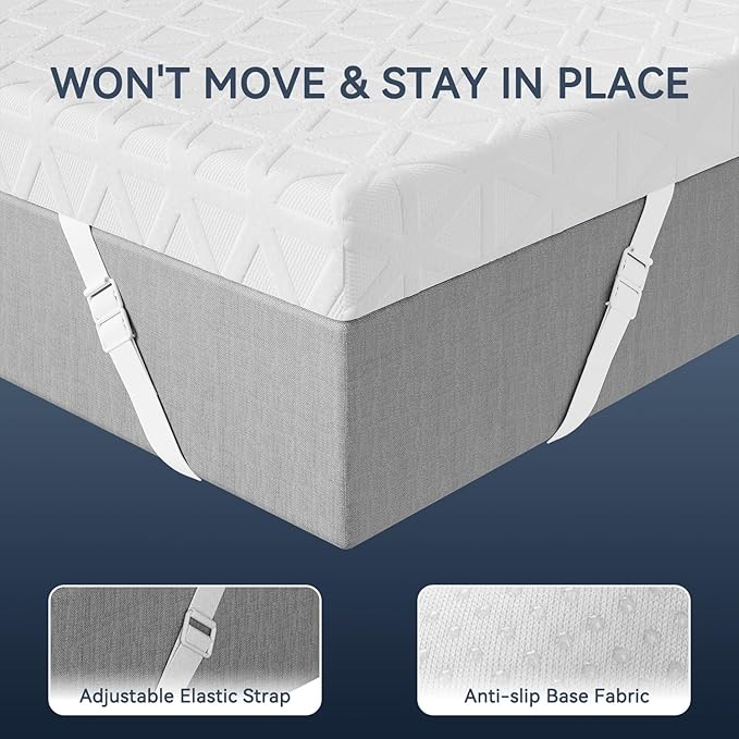 ELEMUSE 2 Inch Gel Memory Foam Mattress Topper Full - Cooling Ice Silk Removable & Washable Cover, Mattress Topepr for Back Pain Relief, Adjustable Strap & Non-Slip, CertiPUR-US Certified