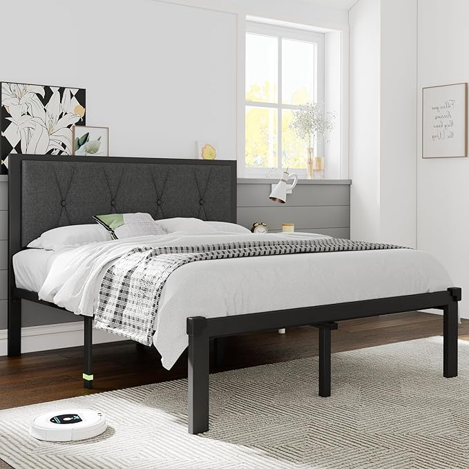 Queen Size Metal Bed Frame, Platform Bed with Upholstered Button Tufted Headboard, 12" Underbed Storage, Steel Slats Support, No Box Spring Needed, Easy Assembly, Noise-Free, Dark Grey