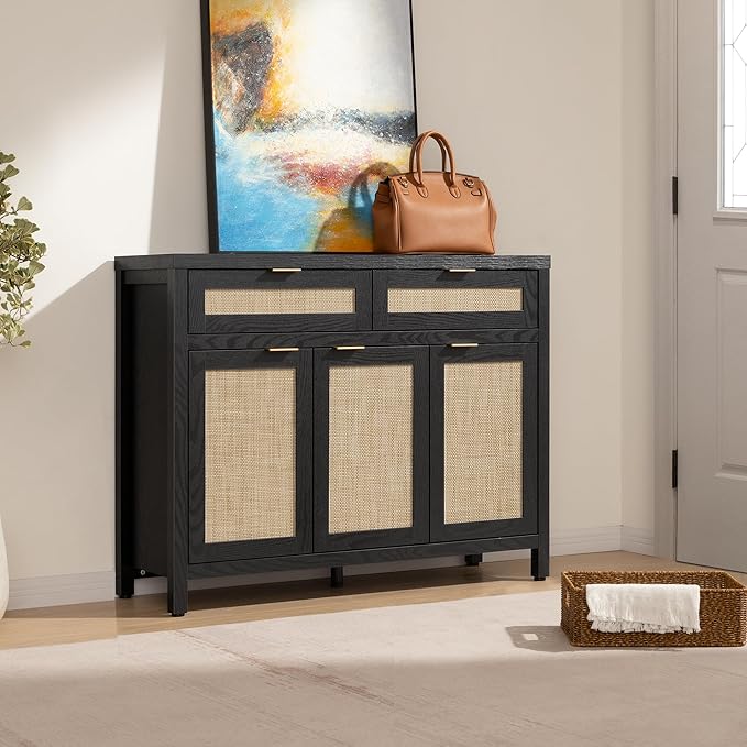 SICOTAS Rattan Sideboard Buffet Cabinet with Storage, Boho Credenza Accent Cabinet with 3 Doors and 2 Drawers, Farmhouse Console Coffee Bar Cabinets for Kitchen Living Room Entryway, Black Oak, 2 PCS
