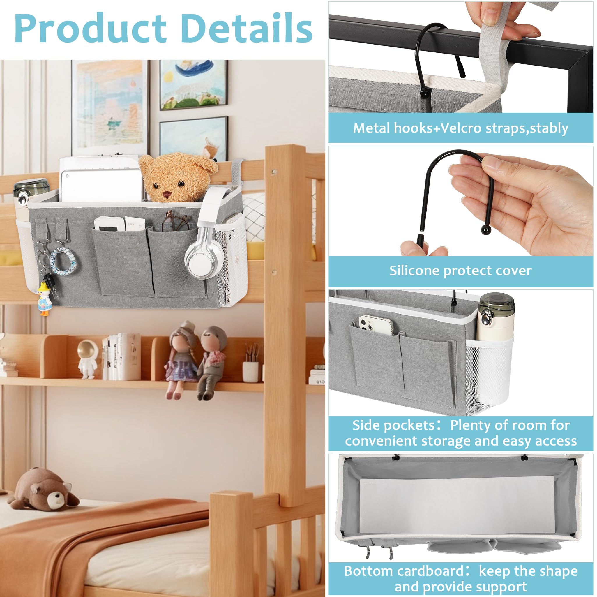 Loghot Bedside Caddy/Bedside Storage Bag Hanging Organizer for Bunk and Hospital Beds,Dorm Rooms Bed Rails,Can be Placed Glasses,Books,Mobile Phones,Keys (Light Pink) Dormly