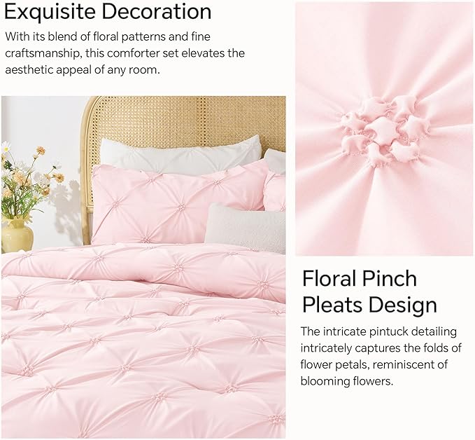 BEDELITE Baby Pink King Size Comforter Set - 3 Pieces Boho Pintuck Bedding Comforter Sets, Lightweight Soft & Warm King Bedding Set with 2 Pillowcases for All Season