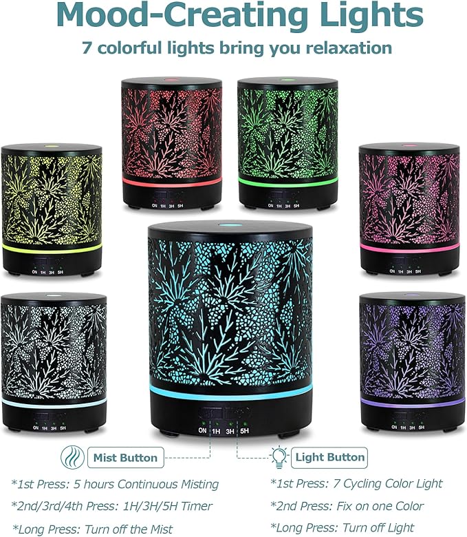 Essential Oil Diffuser Metal Aromatherapy Oil Diffusers for Large Room,Maple Leaf Pattern Ultrasonic Cool Mist Diffuser with Waterless Auto Shut-Off Protection,for Home Office,300ML