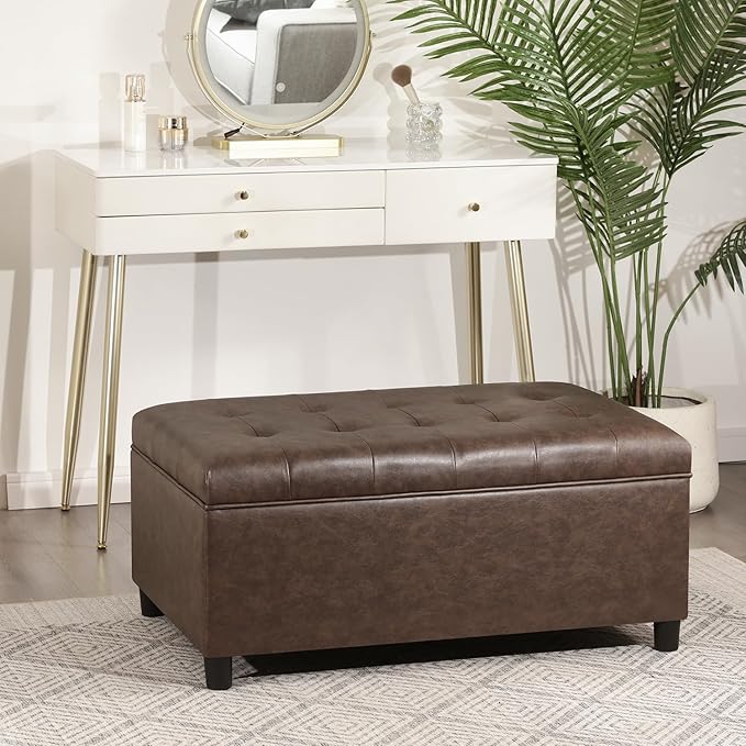 Joveco Rectangular Lift Top Storage Ottoman Bench, Faux Leather Storage Bench for Living Room Entryway Bedroom,Espresso