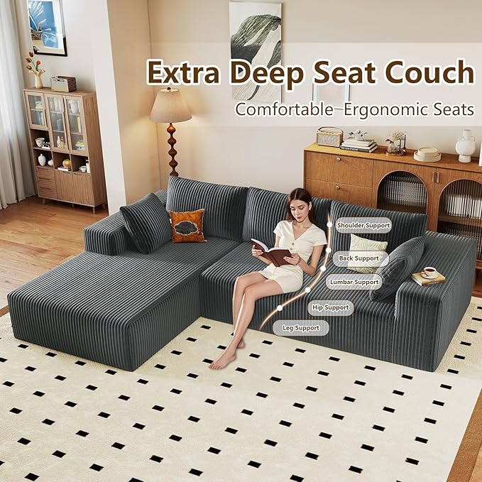 96" Modular Sectional Couch, Boneless L Shaped Cloud Sofa with Chaise Lounge, Corduroy Upholstered Couches Memory Foam Deep Seat, No Assembly Required, Ideal for Living Room(Dark Gray, Left Facing)