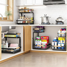 PXRACK 2 Pack Under Sink Organizer,Adjustable Height,2 Tier Pull Out Under Cabinet Organizer,Slide Out Thickened Metal Under Sink Storage for Kitchen Bathroom Laundry Cabinet Pantry,Black(L)