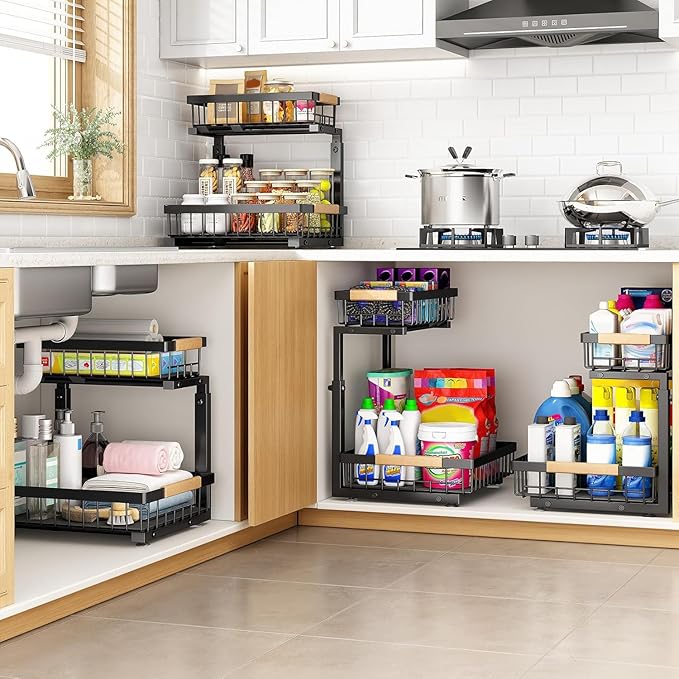 PXRACK 2 Pack Under Sink Organizer,Adjustable Height,2 Tier Pull Out Under Cabinet Organizer,Slide Out Thickened Metal Under Sink Storage for Kitchen Bathroom Laundry Cabinet Pantry,Black(L)