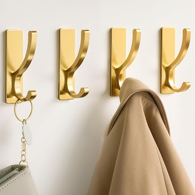 pickpiff Adhesive Wall Hooks for Towels - Sticky Hook Hanging Heavy Duty (13lb), Hanger for Door, Bathroom, Dorm, Closet - for Coats, Purse, Bag, Robe - No Damage to Wall - Brushed Gold 4 Pack