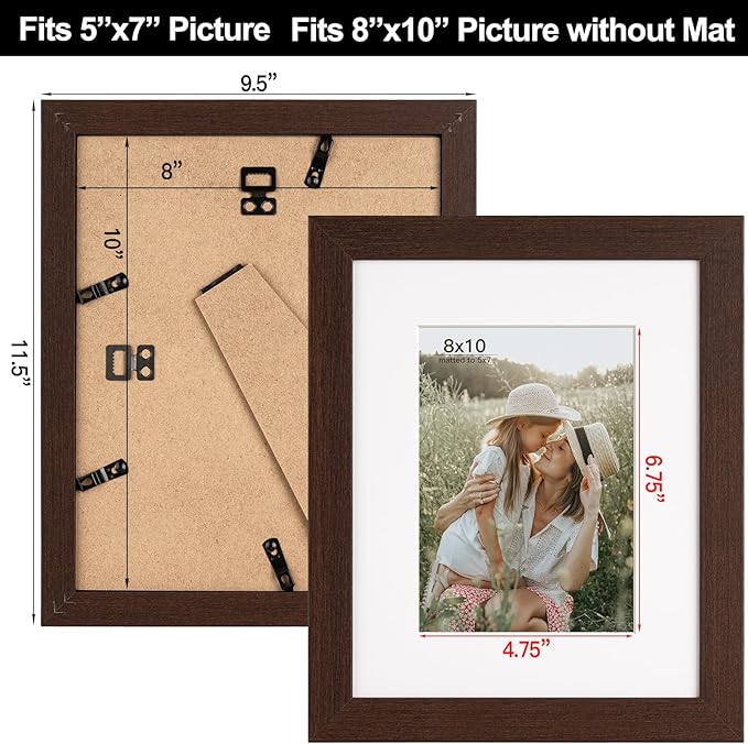 8x10 Picture Frame with Mat for 5x7 Set of 4, Walnut Wood Grain 8 x 10 Dark Brown Gallery Wall Picture Frames for Tabletop or Wall Mounting(4 Pack, Walnut)