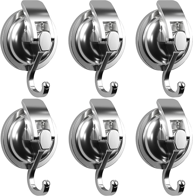 Heavy Duty Vacuum Suction Cup Hooks, Silver Plated Polished Super Suction for Kitchen Bathroom, 6 Pack
