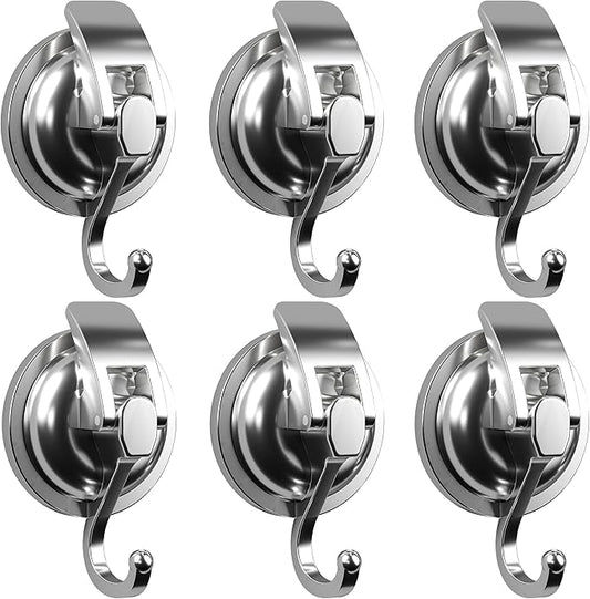 Heavy Duty Vacuum Suction Cup Hooks, Silver Plated Polished Super Suction for Kitchen Bathroom, 6 Pack