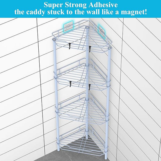 4 Tier Floor Standing Corner Shower Caddy Organizer Shelf with Hooks, Bathroom Shelves Stand Rack, Blue