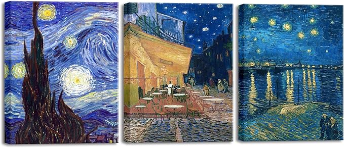 Wieco Art 3 Panels Canvas Prints of Vincent Van Gogh Paintings Reproduction Starry Night Over the Rhone Cafe Terrace at Night Canvas Wall Art for Living Room Home Office Decor
