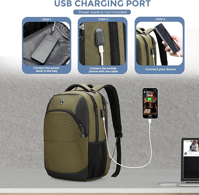 Swissdigital Design Business Laptop Backpack, College Laptops Backpack with USB Charging Port for Men and Women Fits 16 Inch Notebook, Olive | SD1670-26