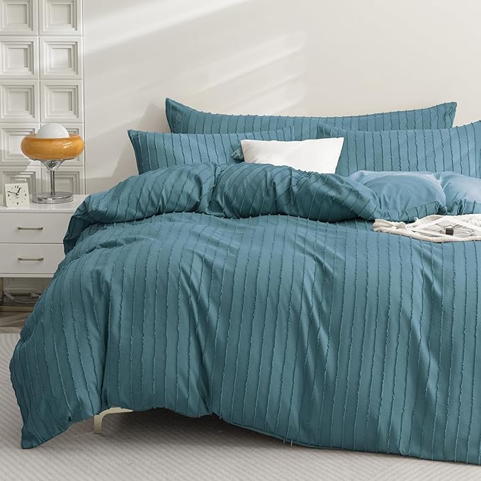 JELLYMONI Duvet Cover Queen Size Grayish Blue - 3PCS Boho Striped Duvet Cover Set Polyester Tufted Bohemian Textured Comforter Cover 90×90in with Corner Ties & Zipper and 2 Pillowcases