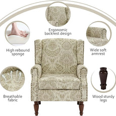 Lumibee Wingback Accent Chair,High Back Floral Armchairs in Fabric,Comfy Upholstered Reading Single Sofa Chair with Solid Wood Legs for Living Room,Bedroom,Office-White