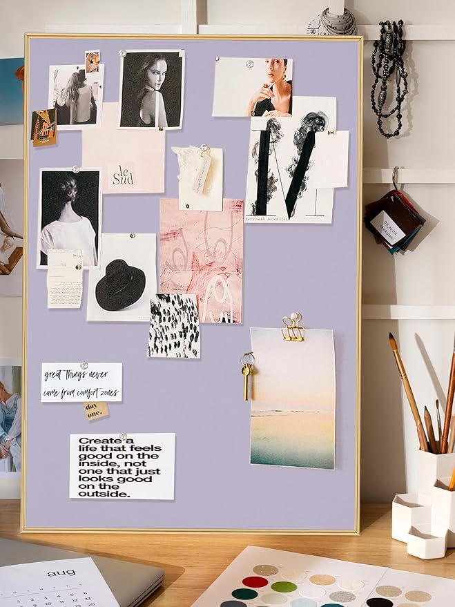 Bulletin Board 30 x 20 inches, Light Lavender Pin Board, Golden Aluminum Framed Fabric Cork Board with 10 Push Pins