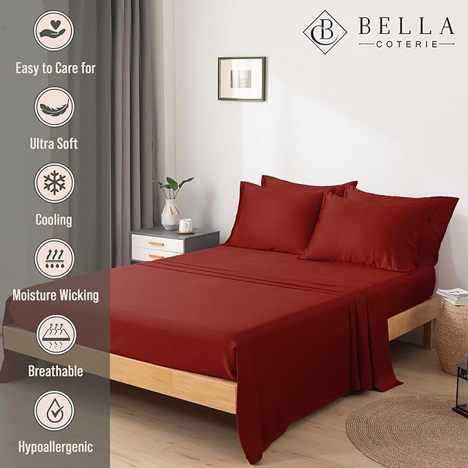 Bella Coterie 6 Piece Luxury Bamboo Viscose King Size Sheet Set | 100% Organically Grown | Cooling for Hot Sleepers | 18" Deep Pocket | Soft & Hypoallergenic | 4 Pillowcases [Merlot]