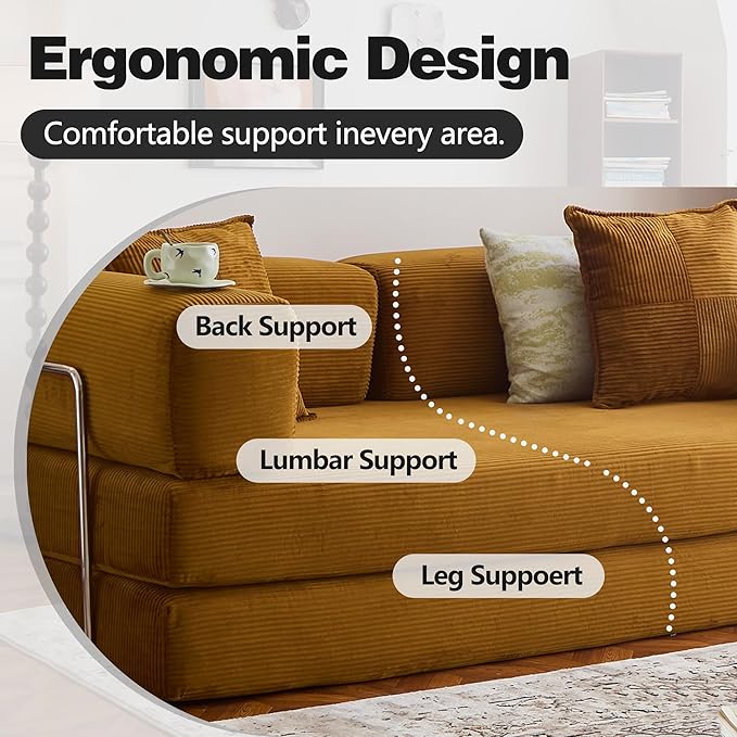 78.8" Convertible Sofa Bed - Compression Sofa with Corduroy Fabric - with Armrests and Backrest - Modular Sectional for Living Room, Bedroom, Studio - Compression Sofa in Box (Yellow)