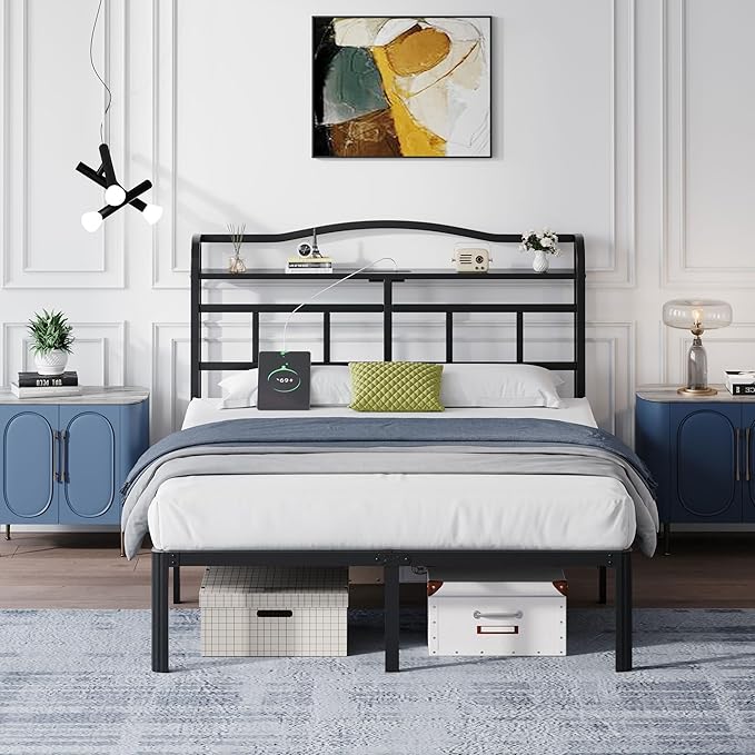 14 Inch Metal Bed Frame - Full Size Black Heavy Duty Bedframe Platform Basic Mattress Foundation with Headboard & Charging Station No Box Spring Needed/Easy Assembly