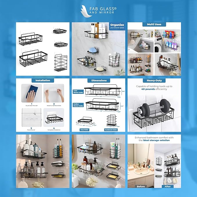 Fab Glass and Mirror 5-Pack Shower Caddy, Chrome- Shower Organizer & Shelves for Efficient Storage, Bathroom Caddy for Wall Organizer, Durable Showers Wall Caddy