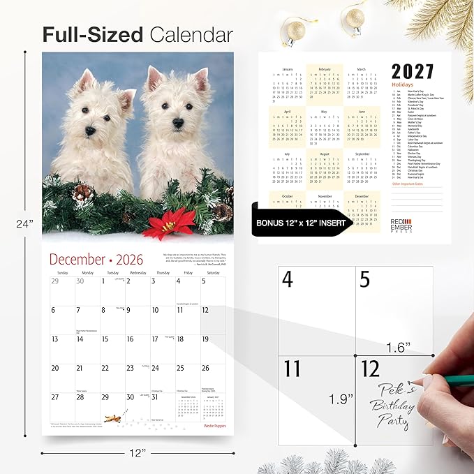 RED EMBER Westie Puppies West Highland White Terrier 2026 Wall Calendar 12 Month | 12" x 24" Open | Thick & Sturdy Paper | Holiday Gift | Cute Puppy Dog Calendar 2026