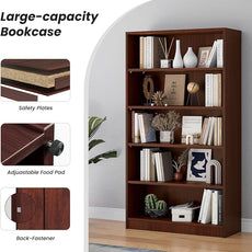 Farini 5 Shelf boockase Display Bookcase Freestanding Wooden Bookshelves for Home Office Living Room,60 Inch Height,Cherry