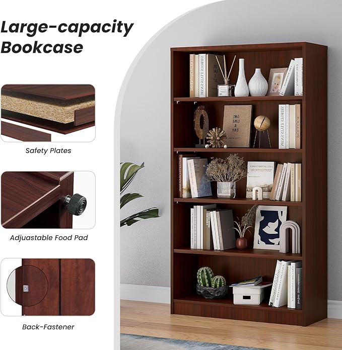 Farini 5 Shelf boockase Display Bookcase Freestanding Wooden Bookshelves for Home Office Living Room,60 Inch Height,Cherry