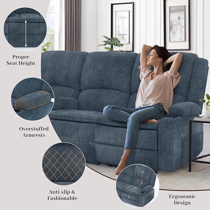 Recliner Sofa, 3 Seater Manual Reclining Sofa with 2-Tier Cushion, Reclining Couches for Living Room with Removable Console, Hidden Storage Space, Cup Holders - Blue