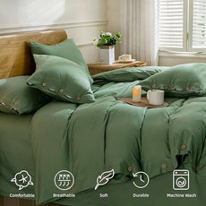 JELLYMONI Cotton Duvet Cover Super Queen Size - Green Comforter Cover with Button 100% Washed Cotton 3PCS Breathable Soft Solid Bedding Set Duvet Cover 98×90in & 2 Pillowcases (NO Comforter)