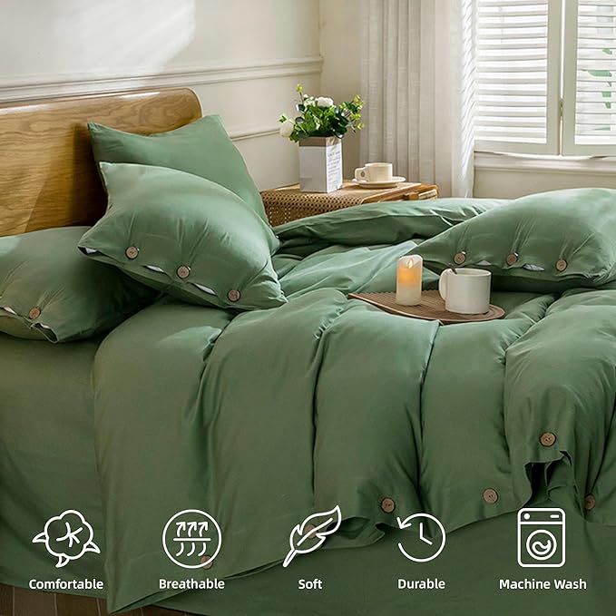 JELLYMONI Cotton Duvet Cover Oversized King Size - Green Comforter Cover with Button 100% Washed Cotton 3PCS Breathable Soft Solid Bedding Set Duvet Cover 120×98in & 2 Pillowcases (NO Comforter)