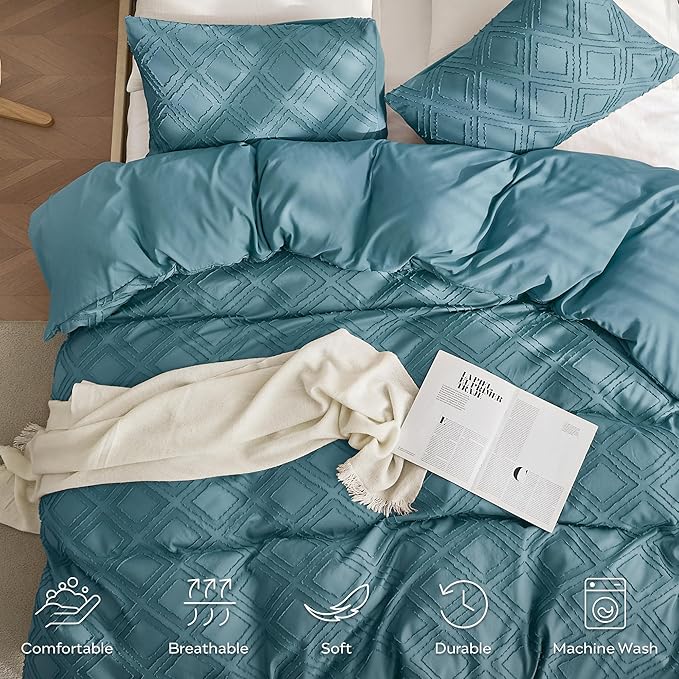 JELLYMONI Duvet Cover Twin Size Grayish Blue - 3PCS Boho Duvet Cover Set Plaid Polyester Tufted Bohemian Jacquard Knit Textured Comforter Cover 68×90in Rhombic Geometric Pattern Corner Ties & Zipper