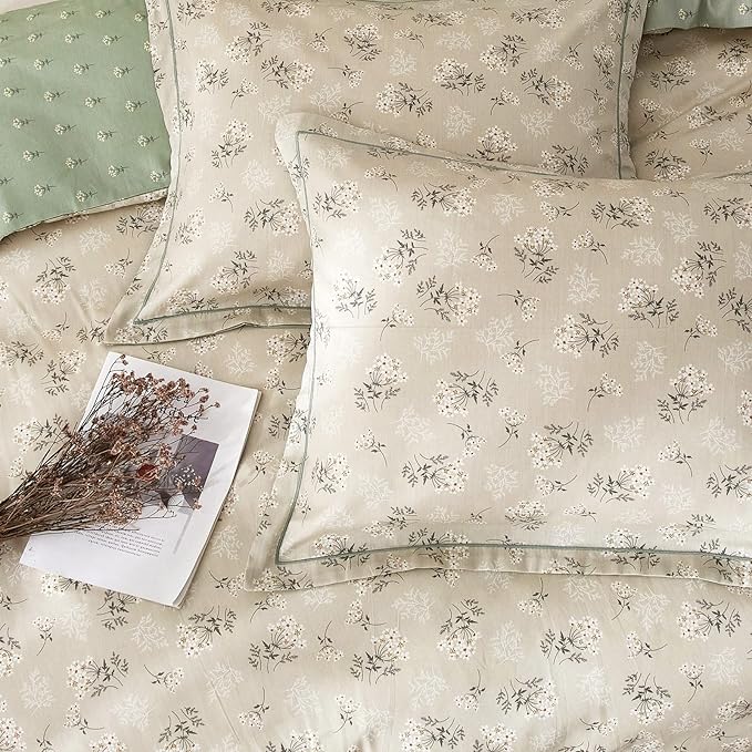 mixinni Boho Chic Printing Beige Duvet Cover Set Twin XL Vintage Green Floral Soft Cotton Bedding Comforter Cover with 1 Flower Duvet Cover 2 Pillowcases Perfect for Girls-(3pcs, Twin XL)
