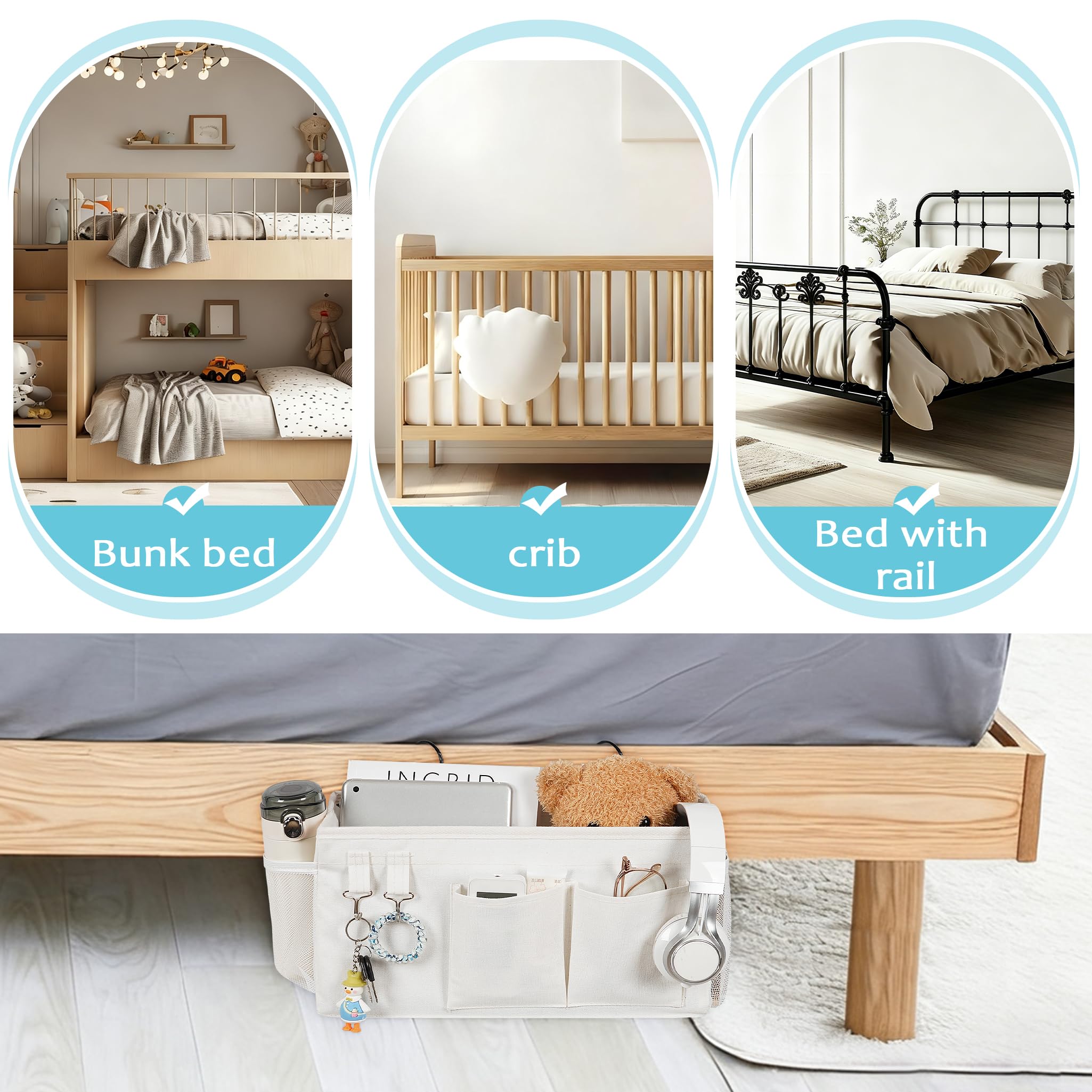 Loghot Bedside Caddy/Bedside Storage Bag Hanging Organizer for Bunk and Hospital Beds,Dorm Rooms Bed Rails,Can be Placed Glasses,Books,Mobile Phones,Keys (Light Pink) Dormly