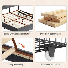 WLIVE King Size Upholstered Bed Frame with 4 Storage Drawers and Headboard, Velvet Platform Bedframe, Sturdy Metal & Wooden Slats Support, No Box Spring Needed, Easy Assembly, Dark Grey