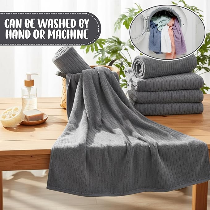 16 Pack Microfiber Bath Towels Bulk 27'' x 60'' Oversized Size Bath Towel Highly Absorbent Extra Large Soft Drying for Shower Beach Winter Salon Sport Gym Party (Stripe,Dark Grey)