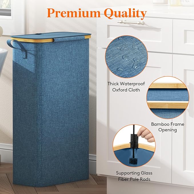 Lifewit 65L Slim Laundry Hamper with Lid, Narrow Laundry Basket with Removable Bag & Bamboo Handles, Fodable Thin Dirty Clothes Hamper for Laundry Collapsible Bin for Bathroom Bedroom Dorm, Dark Blue
