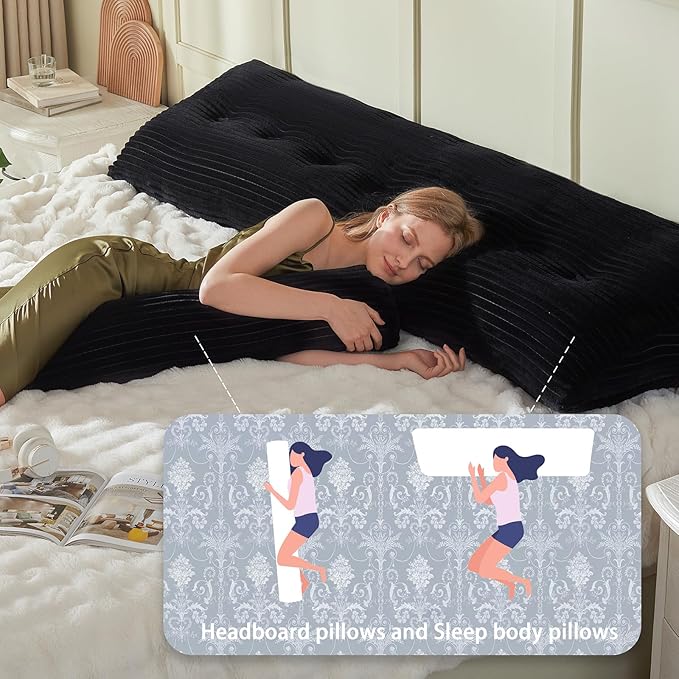 Headboard Wedge Pillow + A Long Neck Roll Pillow Body Pillow，Large Headboard Pillow with Removable Cover (Black, Queen：59x8x20 inches)