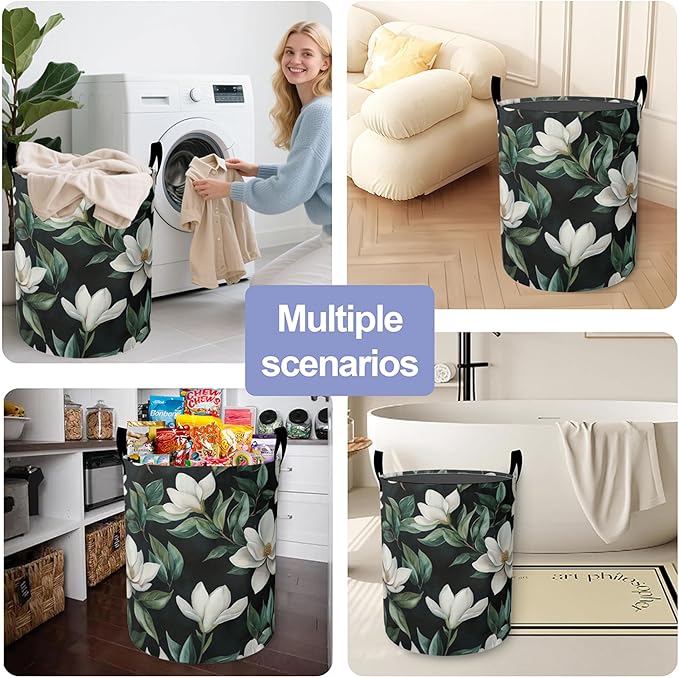 Vintage Magnolia Laundry Basket-Large Foldable Hamper Holder Portable Tall Collapsible Laundry Hamper Storage Basket Bin with Handles, Canvas & Waterproof lining for Household Items