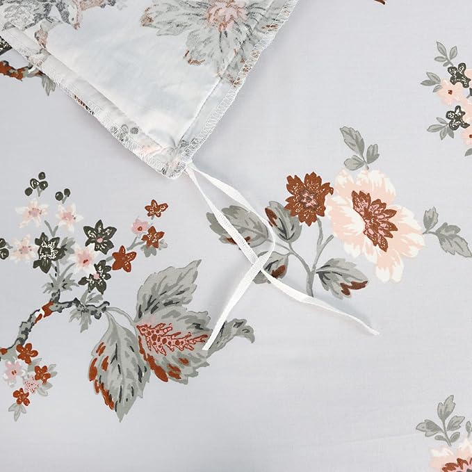 FADFAY Duvet Cover Set Full Elegant Floral Bedding Shabby Grey Bird Print Flower Quilt Cover Set Vintage Farmhouse Bedding 100% Cotton Soft Comforter Cover Set with Zipper Closure 3Pcs, Full Size