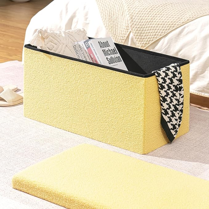PINPLUS Storage Ottoman Bench, Folding Upholstered Sherpa Ottoman, Large Storage Chest Footrest with Lids, Entryway Bench for Living Room, Yellow, 31.5'' x 15.7'' x 15.7''