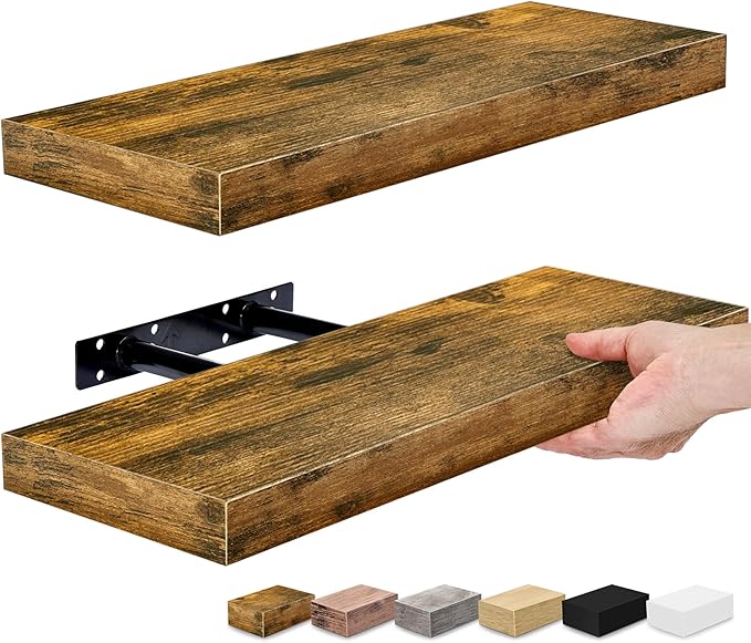 Sorbus Floating Shelves for Wall, Bathroom Shelves Wall Mounted for Kitchen, Bedroom, Bathroom Storage Over Toilet, Hanging Book Shelf for Home Decor Living Room (Rustic Brown, 2 Pack)