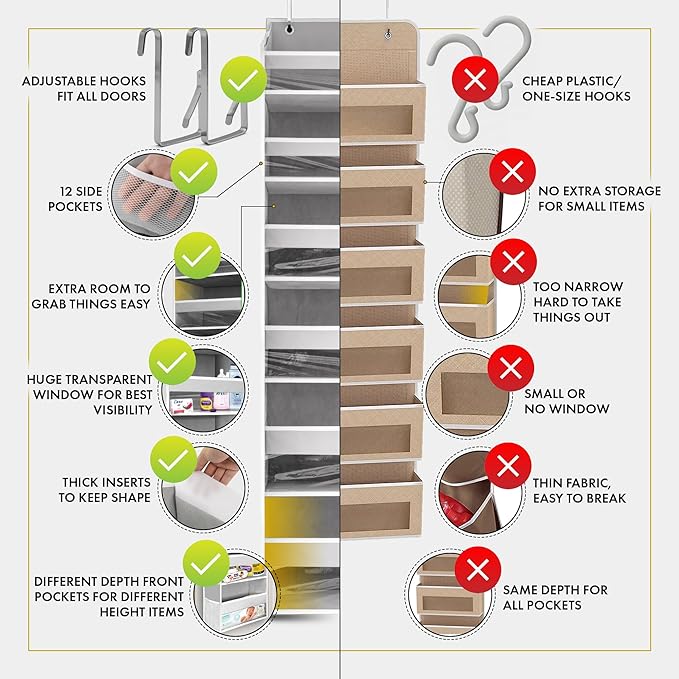 HOMELUX THEORY UPGRADED Over The Door Organizer Hanging - 100D EXTRA THICK & 50lbs HUGE CAPACITY 6 Large Front & 12 Side Pockets, Over The Door Shoe Organizer, Hanging Closet Organizer (Baby Pink 1pc)