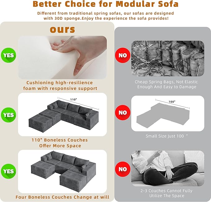 110" Cloud Couch Sectional for Living Room U-Shape Boneless Couches Modular Sectional Sofa with Deep Seat with Chaise,No Assembly Required, Carbon Gray(Plush Corduroy Fabric)